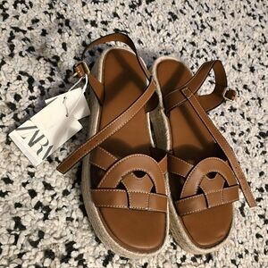Zara Tan Leather Espadrille Sandals